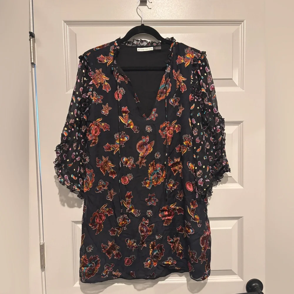 Alice + Olivia Julius Floral Flower Ruffle Dress Silk Black Multicolor Pattern - Picture 2 of 11